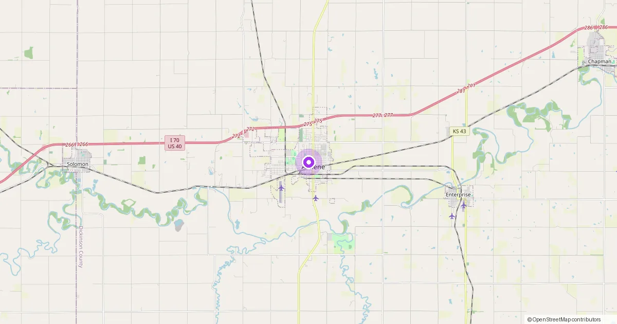 Map showing Abilene, KS in Dickinson County — part of the 2k Web Developments service area.