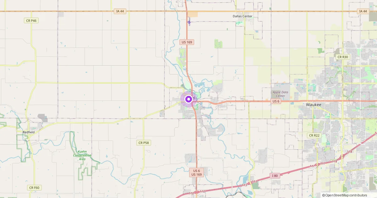 Map showing Adel, IA in Dallas County — part of the 2k Web Developments service area.