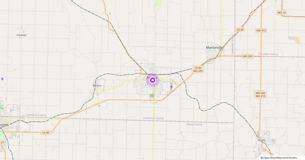 Map showing Aurora, MO in Lawrence County — part of the 2k Web Developments service area.