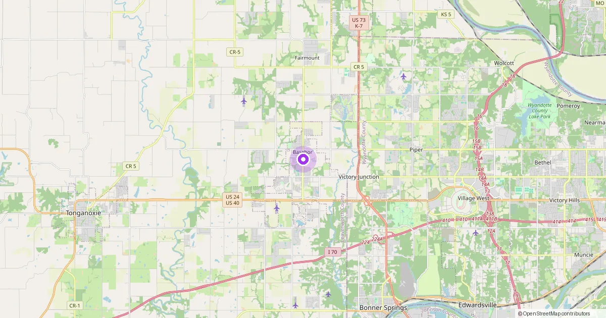 Map showing Basehor, KS in Leavenworth County — part of the 2k Web Developments service area.