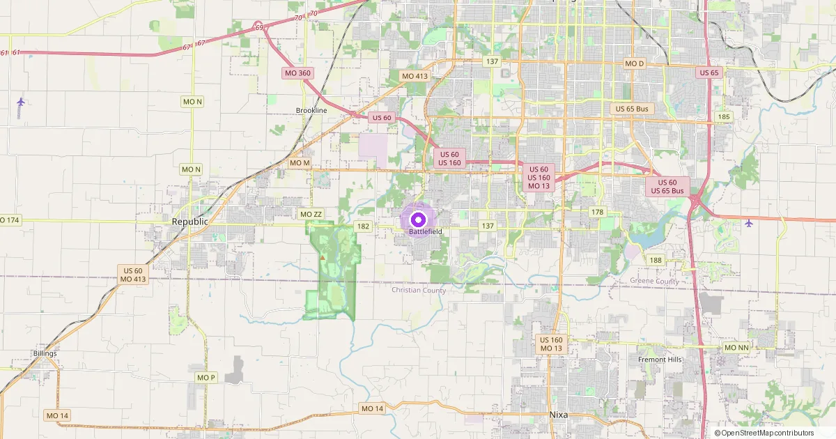 Map showing Battlefield, MO in Greene County — part of the 2k Web Developments service area.