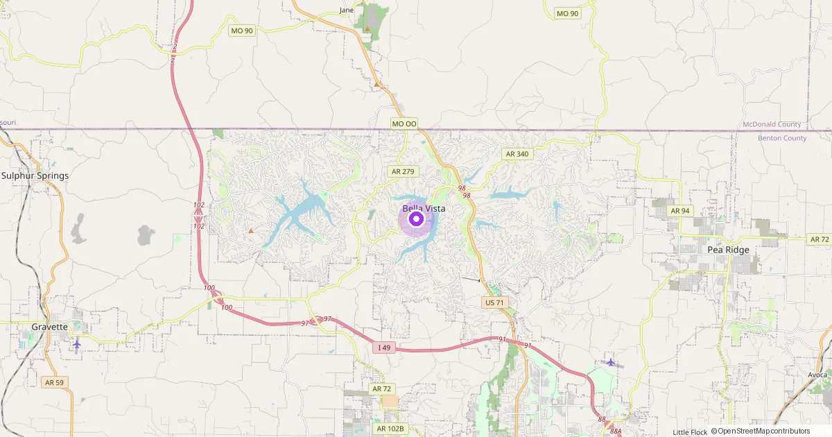 Map showing Bella Vista, AR in Benton County — part of the 2k Web Developments service area.