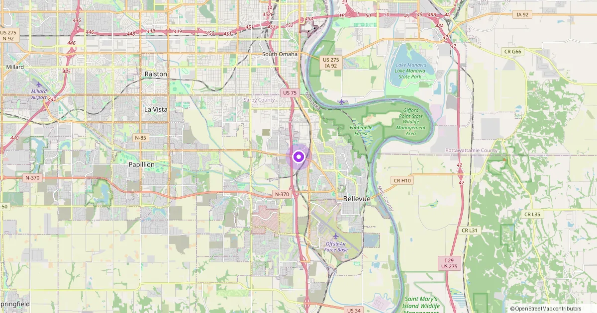 Map showing Bellevue, NE in Sarpy County — part of the 2k Web Developments service area.