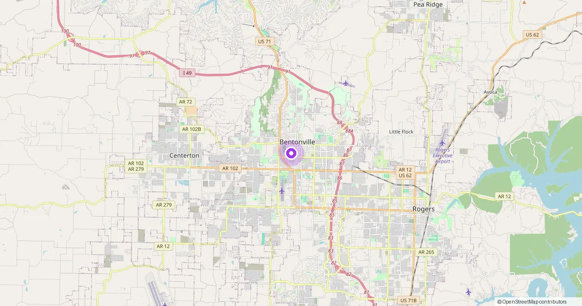 Map showing Bentonville, AR in Benton County — part of the 2k Web Developments service area.