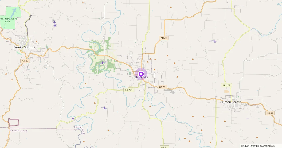 Map showing Berryville, AR in Carroll County — part of the 2k Web Developments service area.