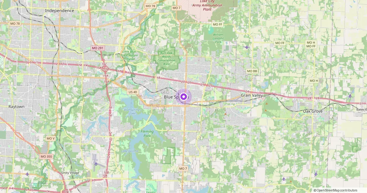 Map showing Blue Springs, MO in Jackson County — part of the 2k Web Developments service area.