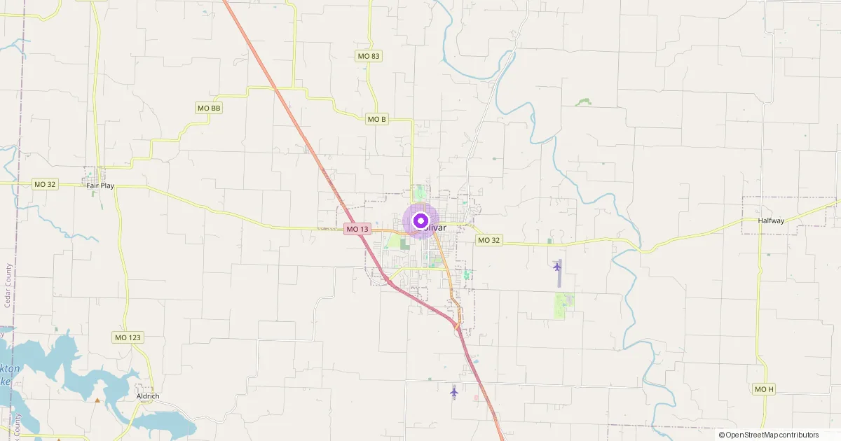 Map showing Bolivar, MO in Polk County — part of the 2k Web Developments service area.