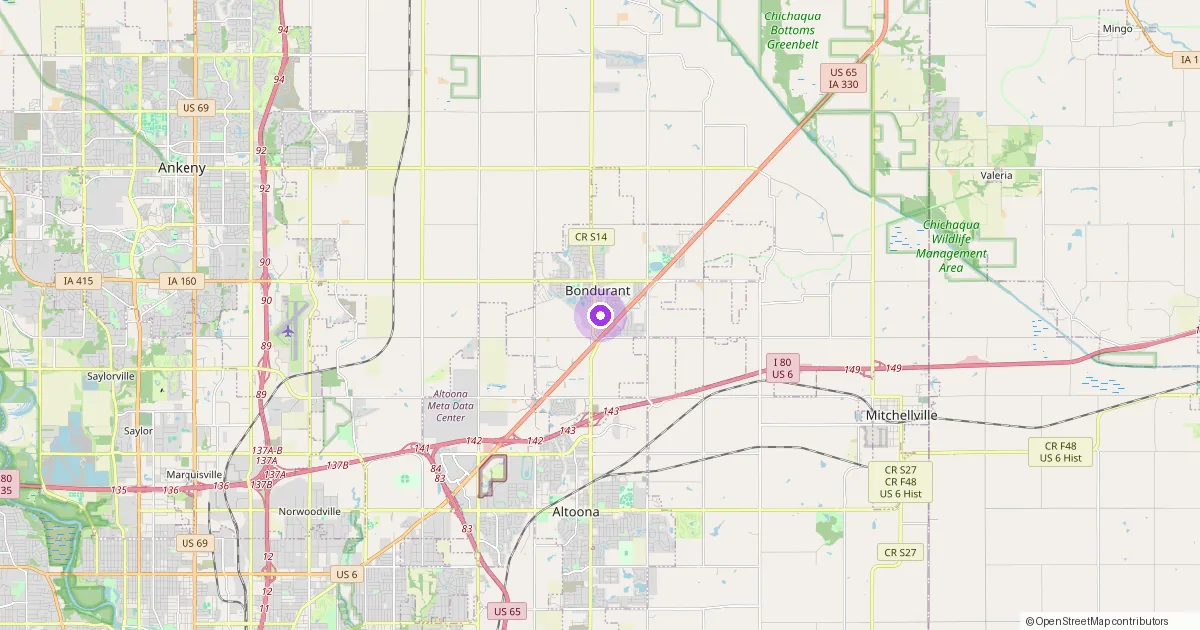Map showing Bondurant, IA in Polk County — part of the 2k Web Developments service area.