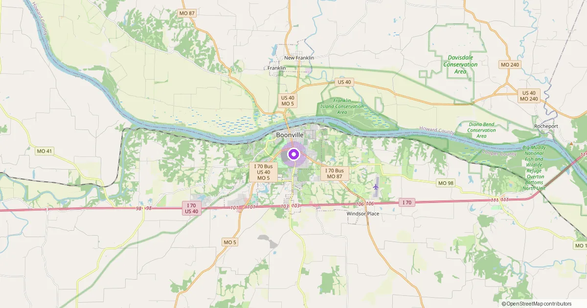Map showing Boonville, MO in Cooper County — part of the 2k Web Developments service area.