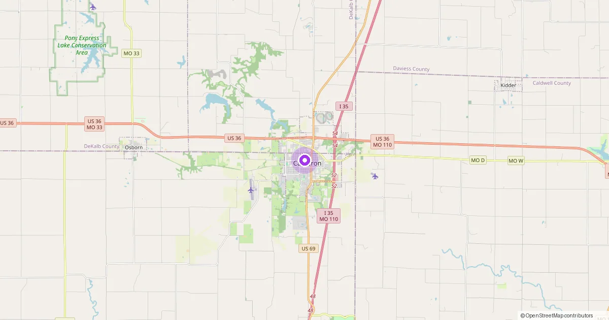 Map showing Cameron, MO in Clinton County — part of the 2k Web Developments service area.