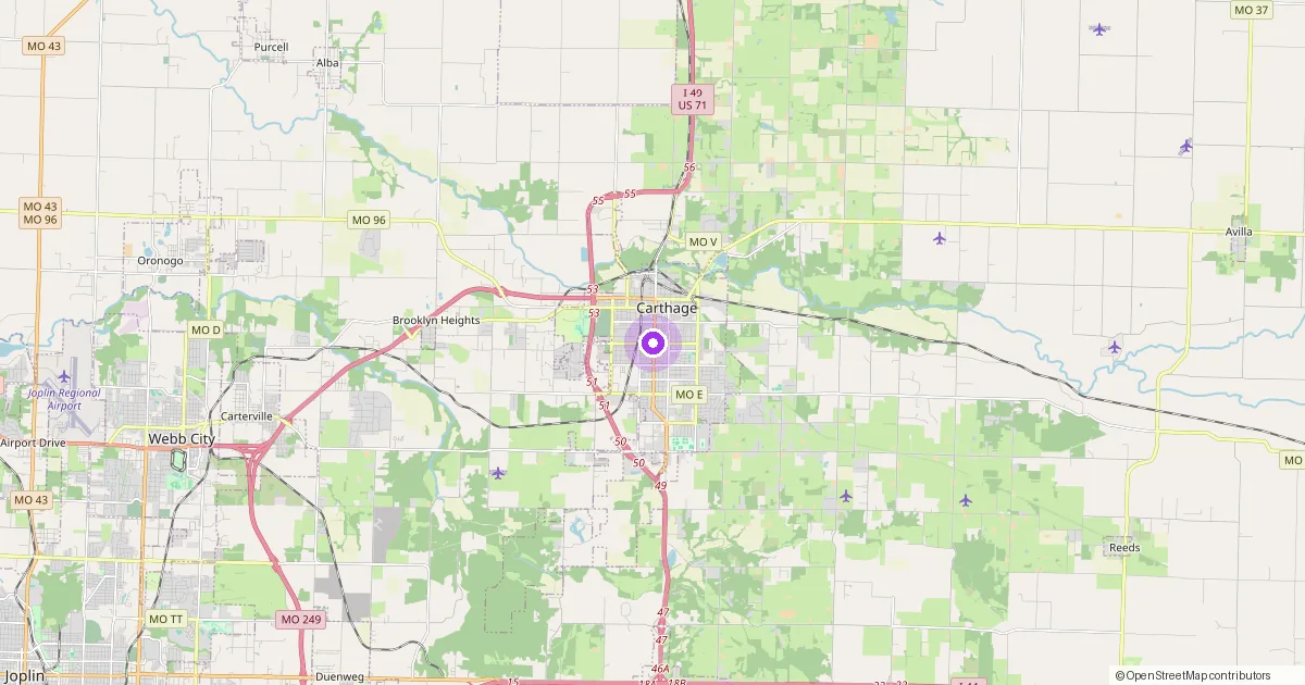 Map showing Carthage, MO in Jasper County — part of the 2k Web Developments service area.