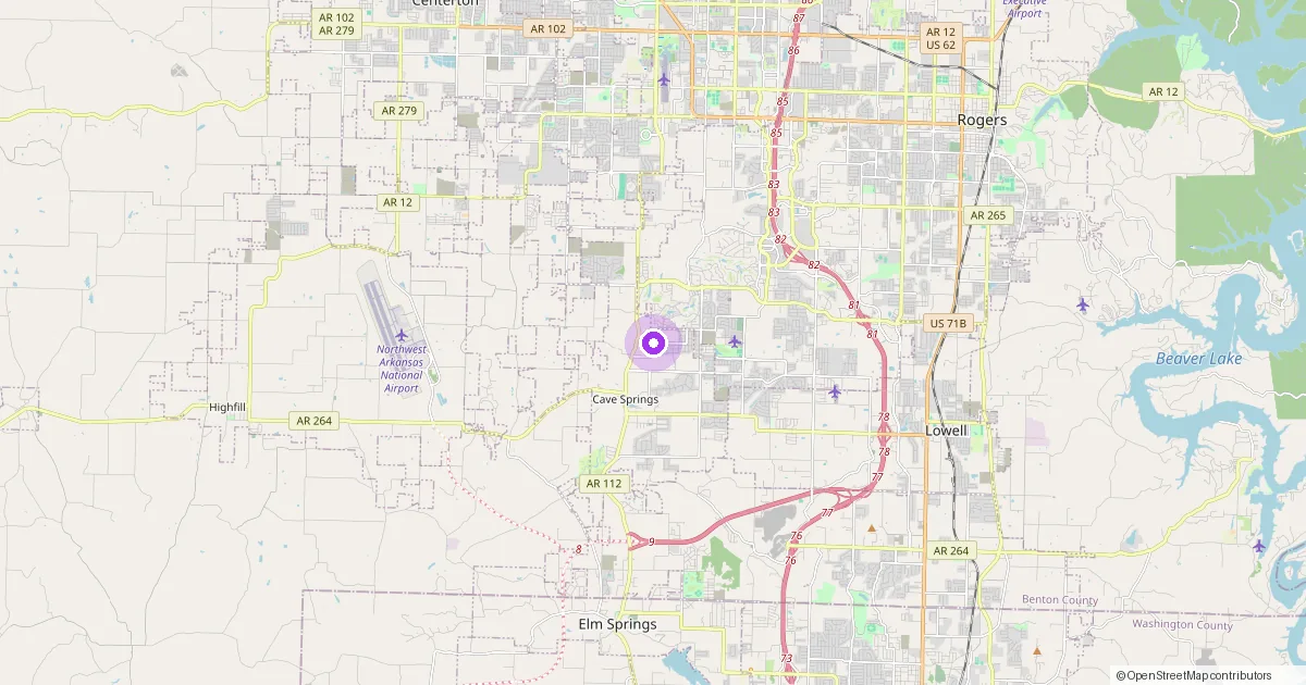 Map showing Cave Springs, AR in Benton County — part of the 2k Web Developments service area.