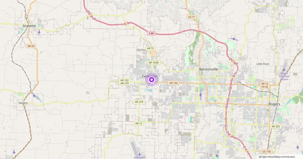 Map showing Centerton, AR in Benton County — part of the 2k Web Developments service area.