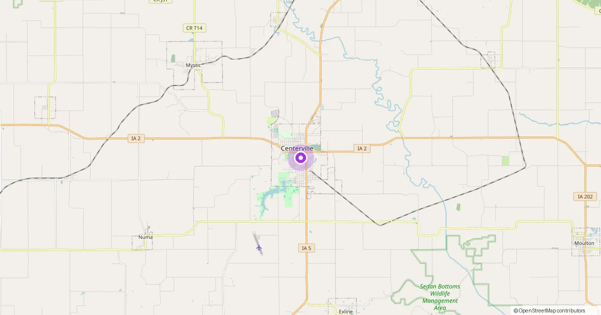 Map showing Centerville, IA in Appanoose County — part of the 2k Web Developments service area.