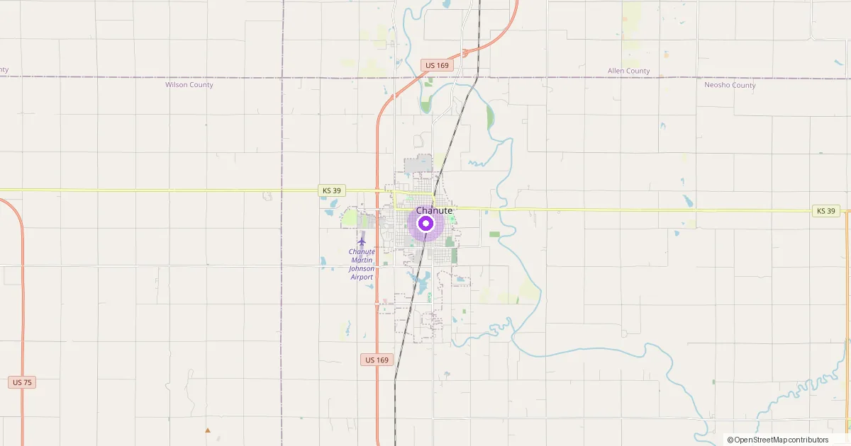 Map showing Chanute, KS in Neosho County — part of the 2k Web Developments service area.