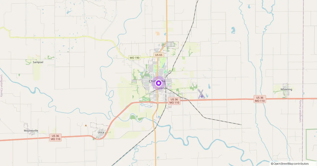 Map showing Chillicothe, MO in Livingston County — part of the 2k Web Developments service area.
