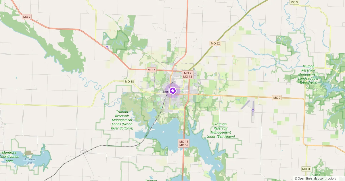 Map showing Clinton, MO in Henry County — part of the 2k Web Developments service area.