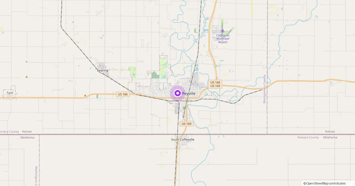 Map showing Coffeyville, KS in Montgomery County — part of the 2k Web Developments service area.