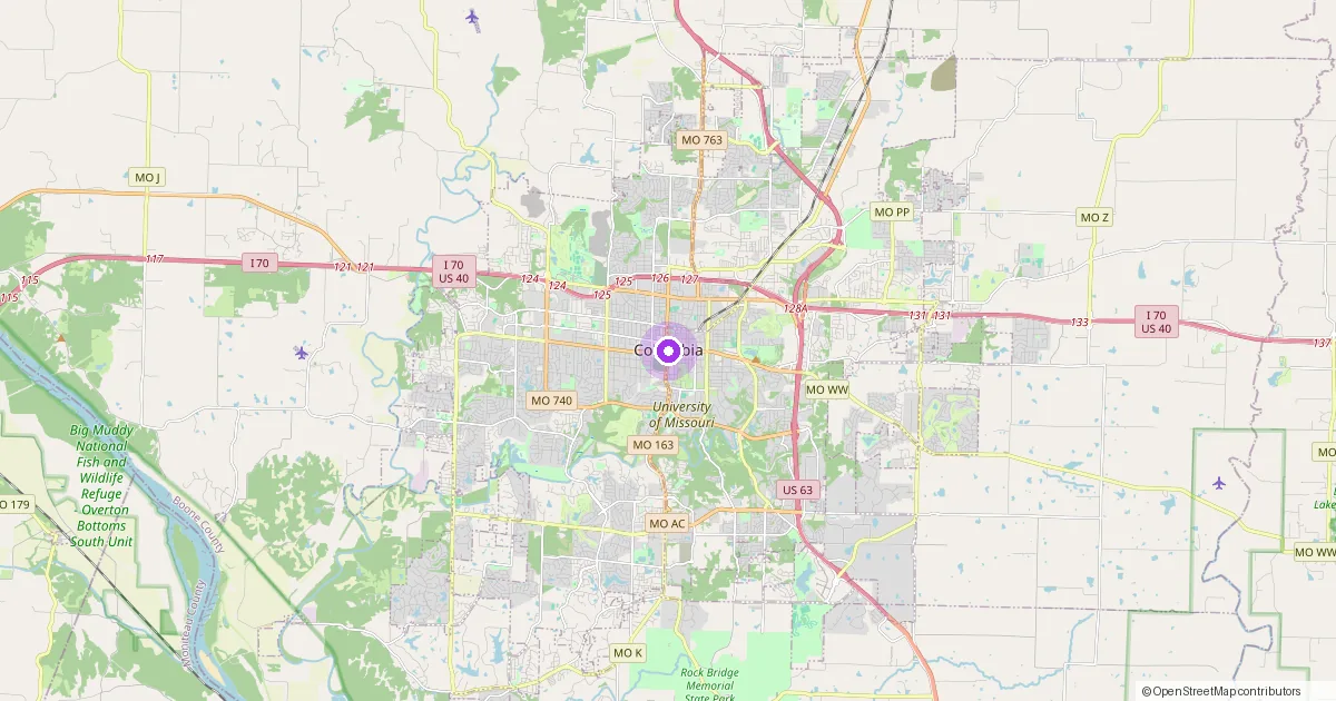 Map showing Columbia, MO in Boone County — part of the 2k Web Developments service area.