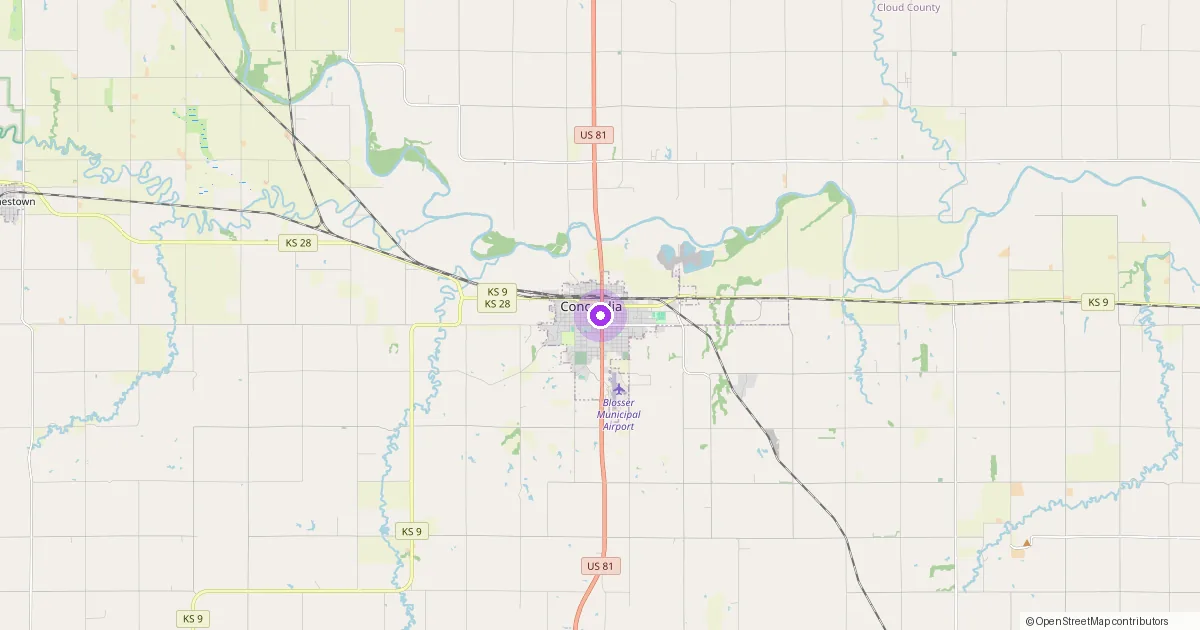 Map showing Concordia, KS in Cloud County — part of the 2k Web Developments service area.