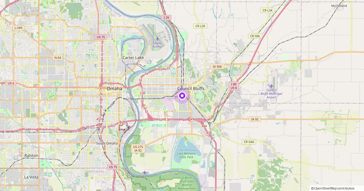 Map showing Council Bluffs, IA in Pottawattamie County — part of the 2k Web Developments service area.