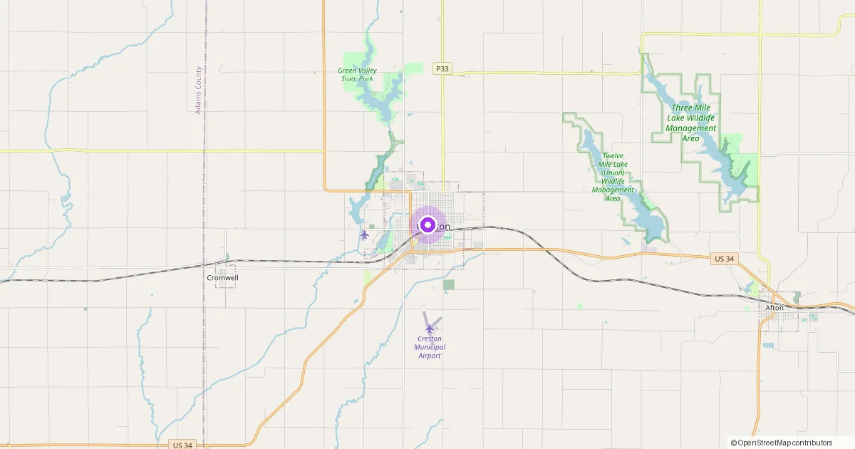 Map showing Creston, IA in Union County — part of the 2k Web Developments service area.