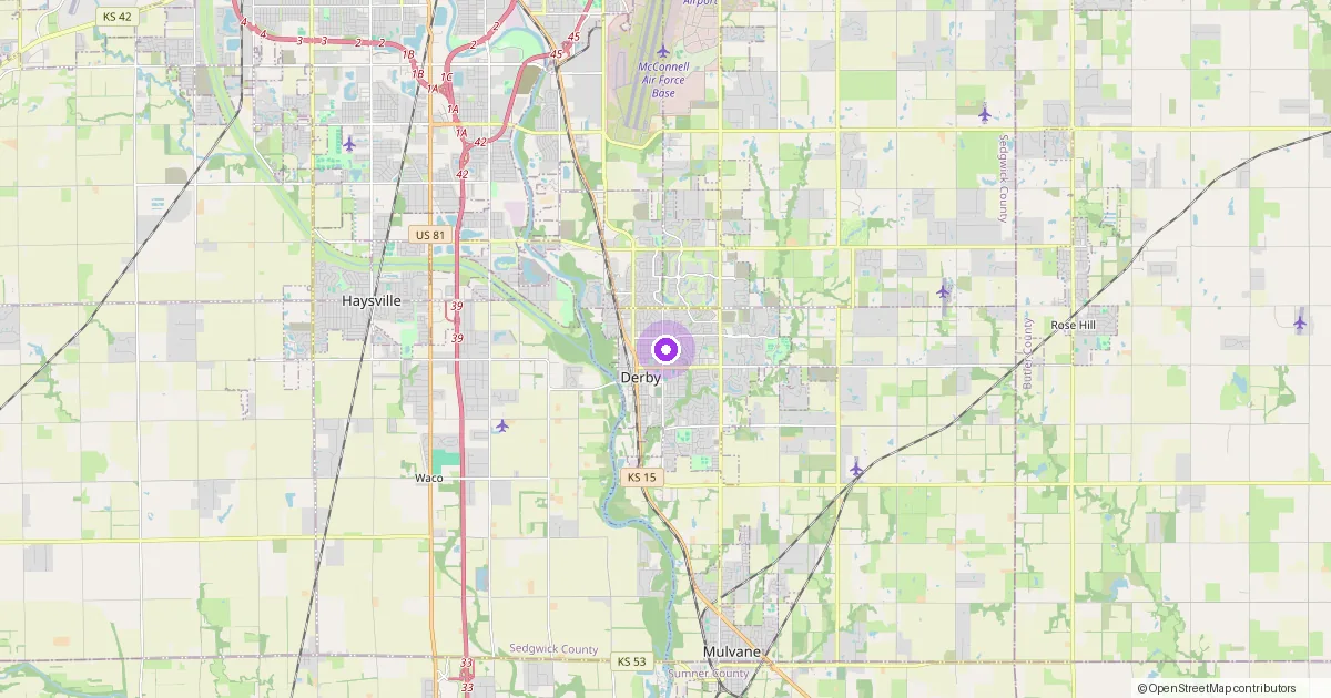 Map showing Derby, KS in Sedgwick County — part of the 2k Web Developments service area.