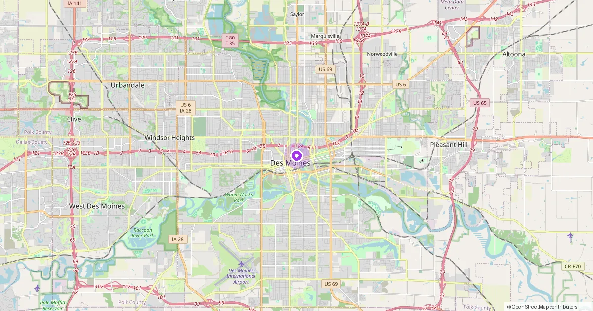 Map showing Des Moines, IA in Polk County — part of the 2k Web Developments service area.