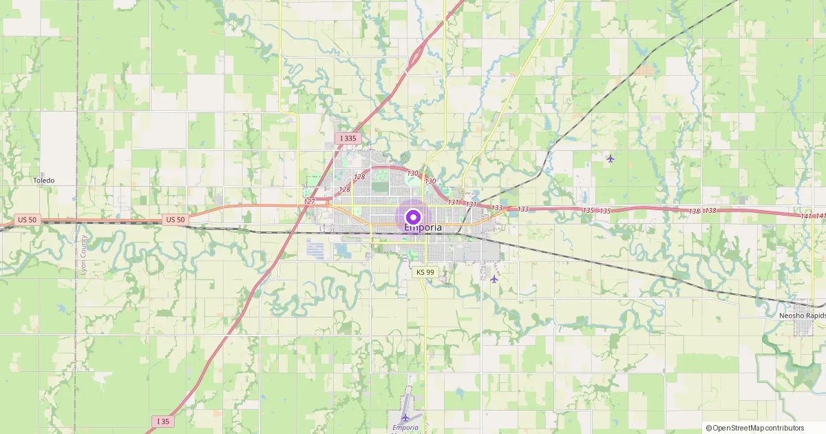 Map showing Emporia, KS in Lyon County — part of the 2k Web Developments service area.