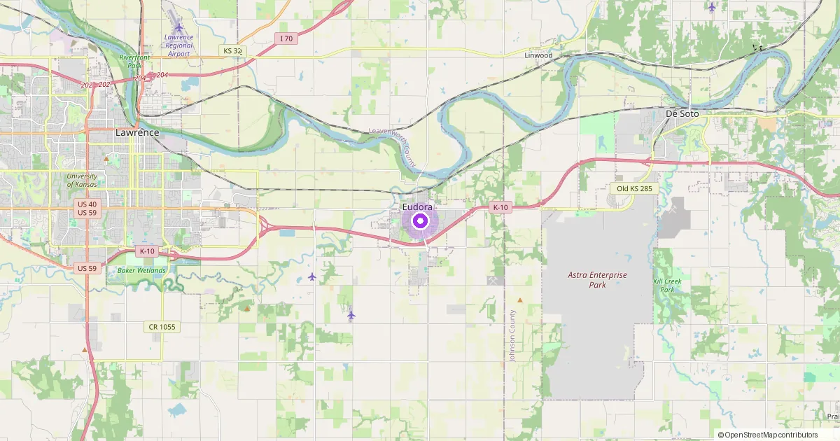 Map showing Eudora, KS in Douglas County — part of the 2k Web Developments service area.