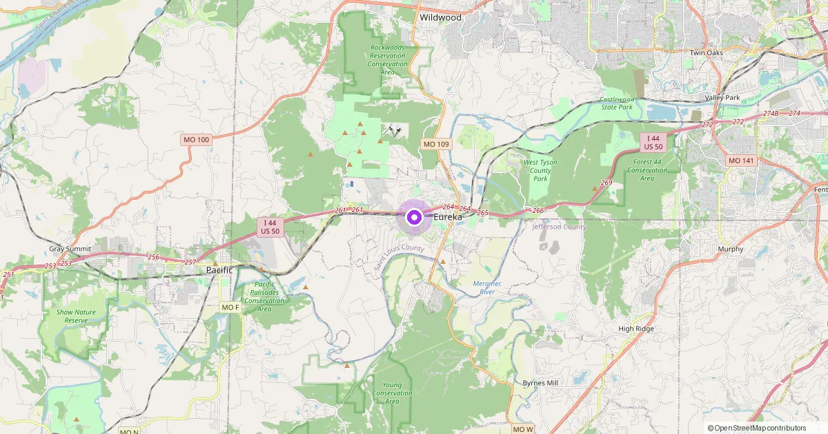 Map showing Eureka, MO in St. Louis County — part of the 2k Web Developments service area.