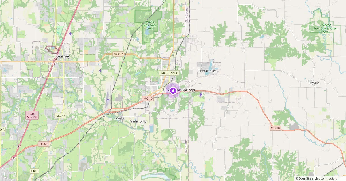 Map showing Excelsior Springs, MO in Clay County — part of the 2k Web Developments service area.