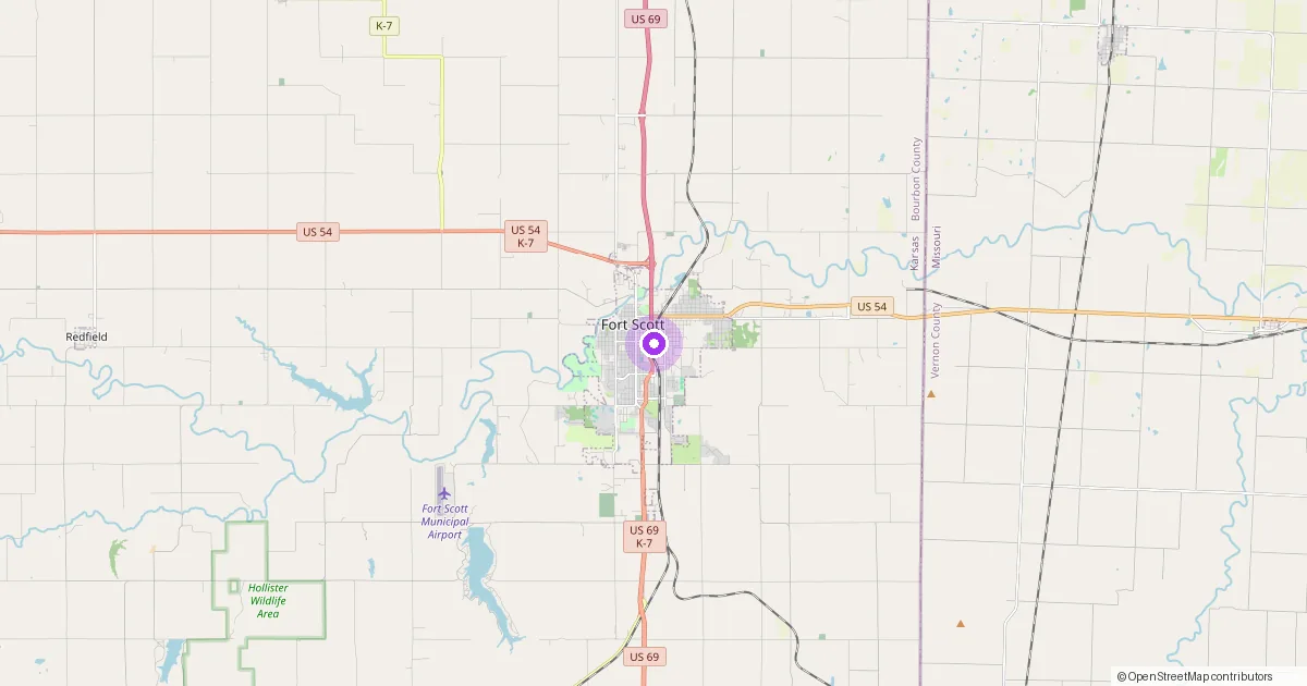 Map showing Fort Scott, KS in Bourbon County — part of the 2k Web Developments service area.