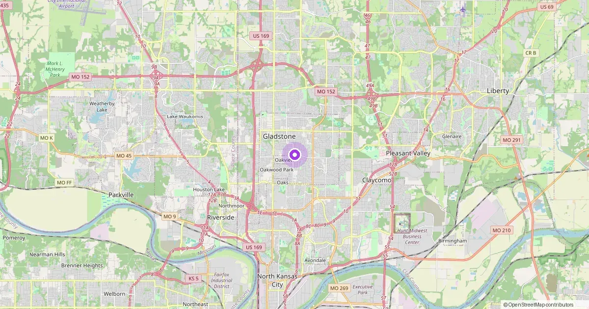 Map showing Gladstone, MO in Clay County — part of the 2k Web Developments service area.