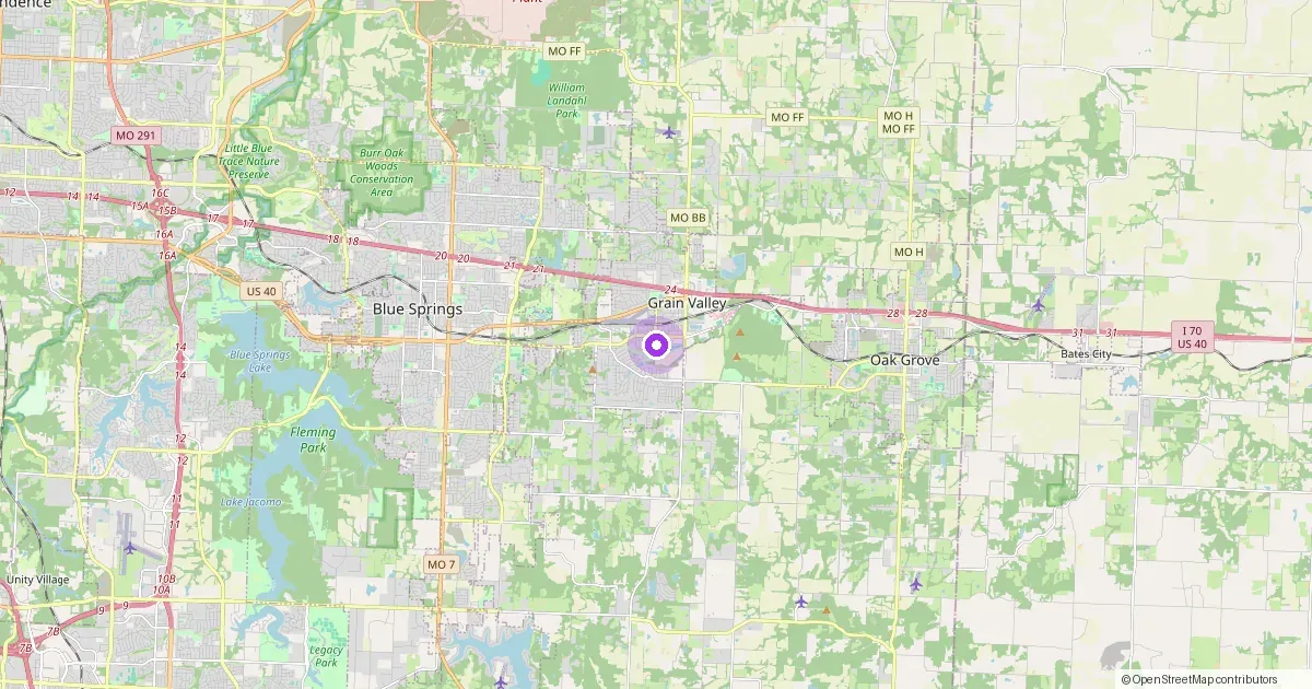 Map showing Grain Valley, MO in Jackson County — part of the 2k Web Developments service area.