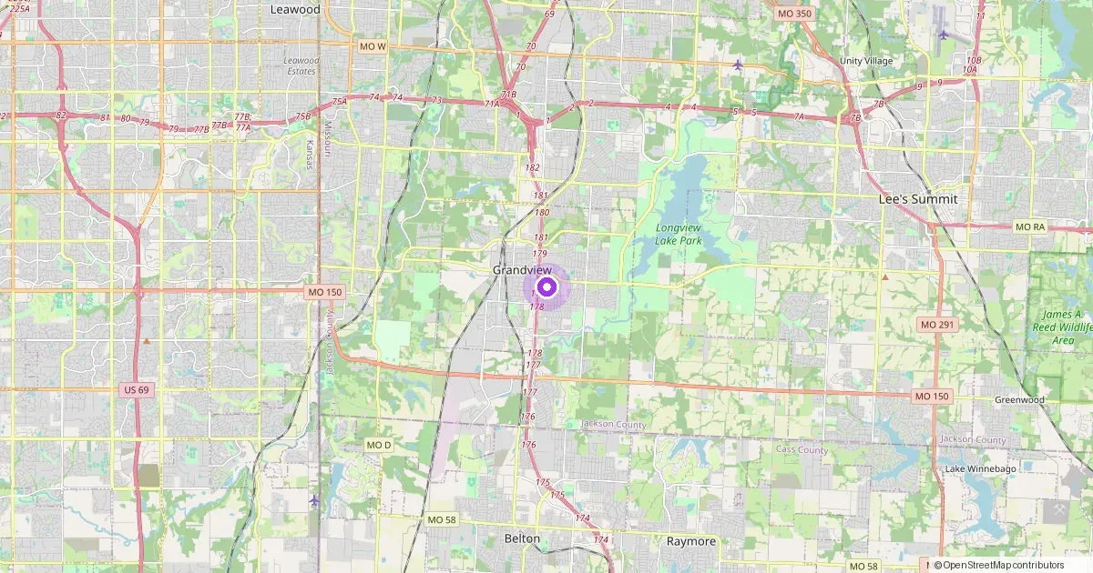 Map showing Grandview, MO in Jackson County — part of the 2k Web Developments service area.
