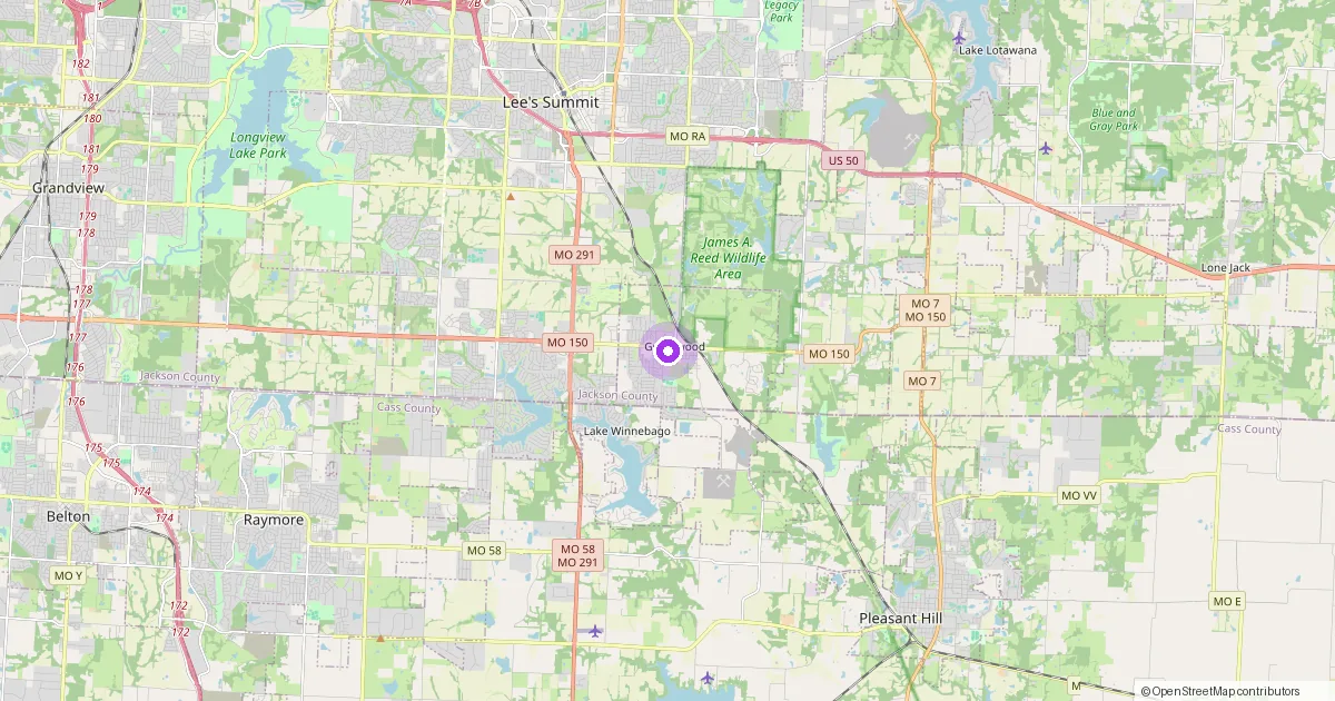 Map showing Greenwood, MO in Jackson County — part of the 2k Web Developments service area.