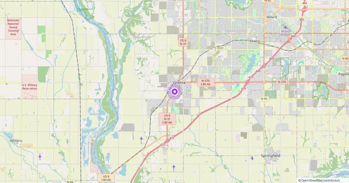 Map showing Gretna, NE in Sarpy County — part of the 2k Web Developments service area.