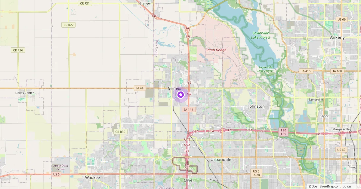 Map showing Grimes, IA in Polk County — part of the 2k Web Developments service area.