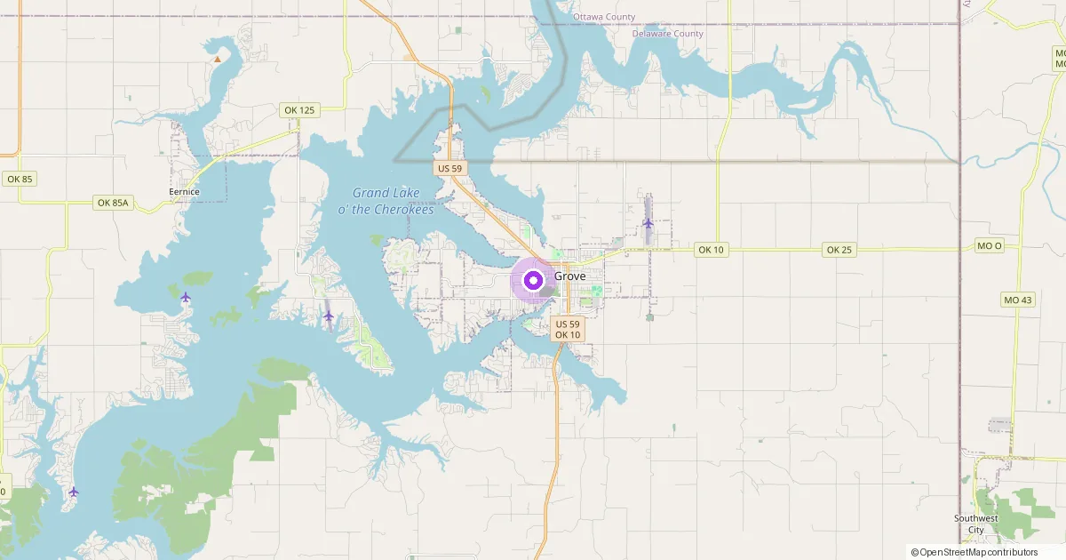 Map showing Grove, OK in Delaware County — part of the 2k Web Developments service area.
