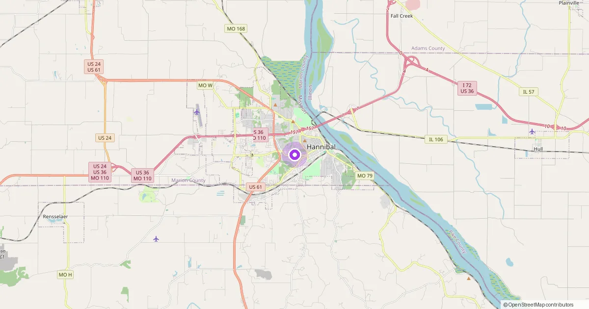 Map showing Hannibal, MO in Marion County — part of the 2k Web Developments service area.
