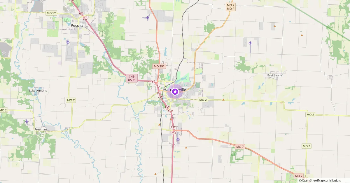 Map showing Harrisonville, MO in Cass County — part of the 2k Web Developments service area.