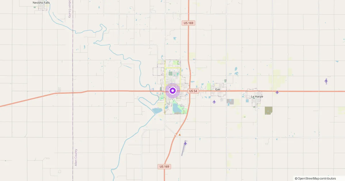 Map showing Iola, KS in Allen County — part of the 2k Web Developments service area.