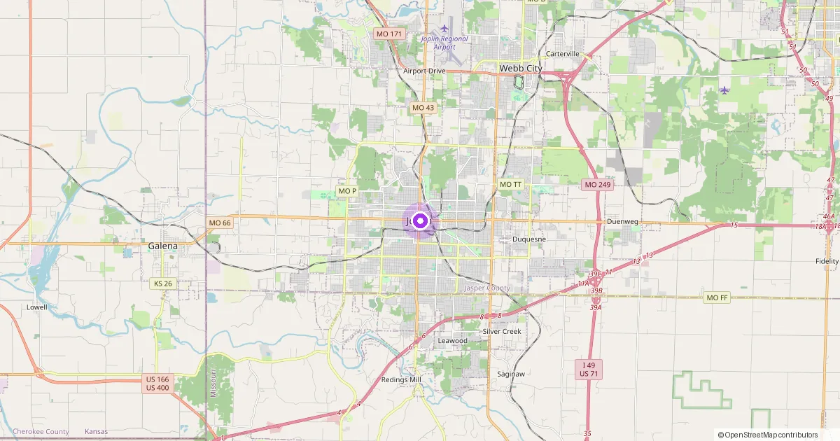 Map showing Joplin, MO in Jasper County — part of the 2k Web Developments service area.