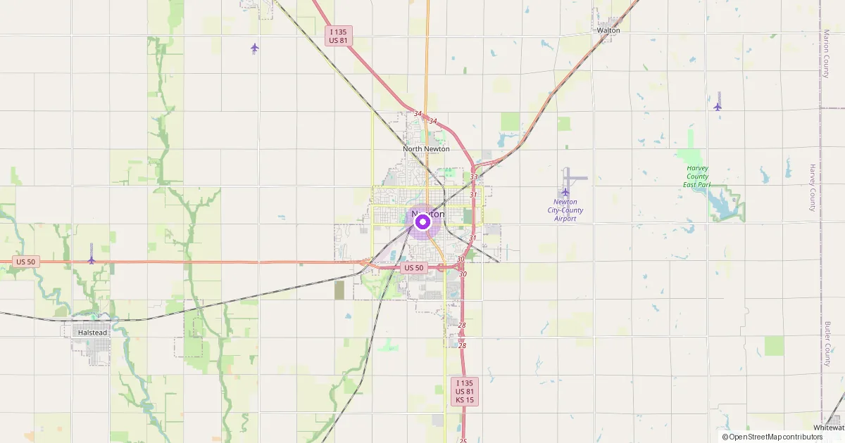 Map showing Newton, KS in Harvey County — part of the 2k Web Developments service area.