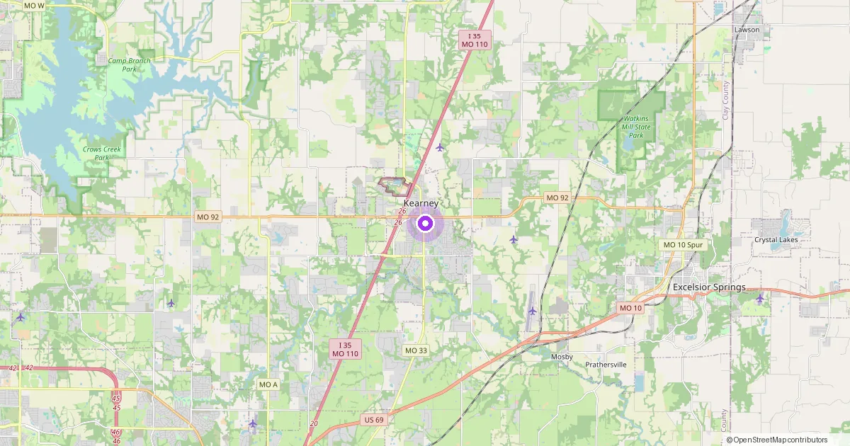 Map showing Kearney, MO in Clay County — part of the 2k Web Developments service area.