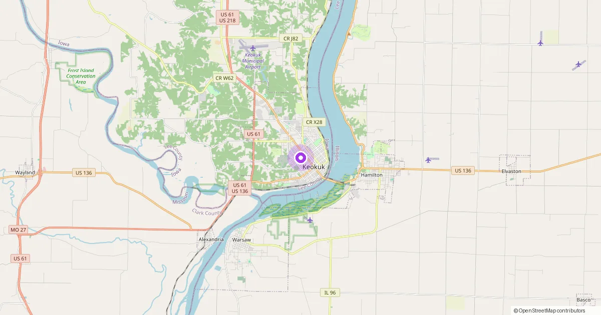 Map showing Keokuk, IA in Lee County — part of the 2k Web Developments service area.