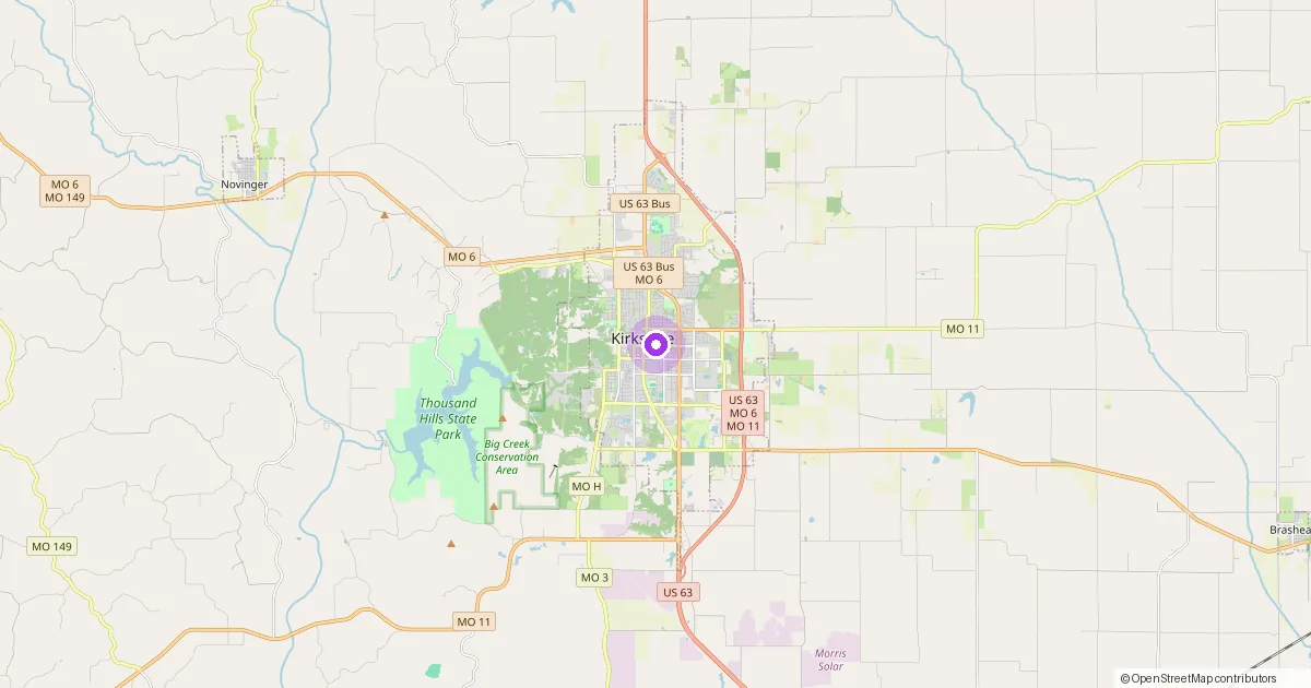 Map showing Kirksville, MO in Adair County — part of the 2k Web Developments service area.