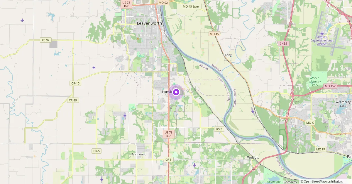 Map showing Lansing, KS in Leavenworth County — part of the 2k Web Developments service area.