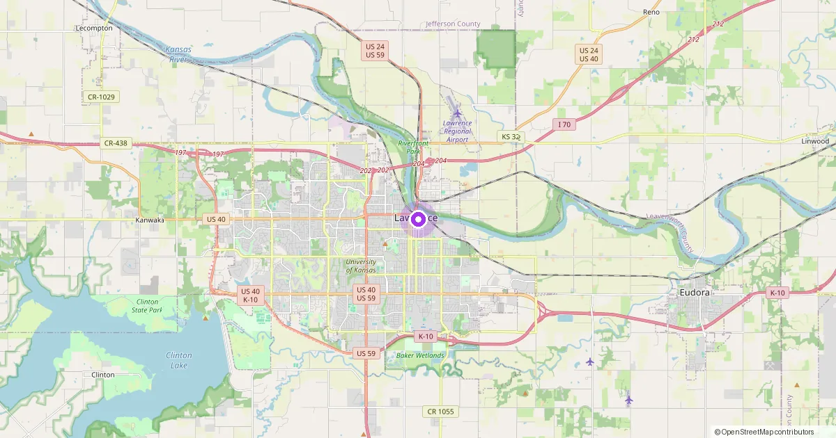 Map showing Lawrence, KS in Douglas County — part of the 2k Web Developments service area.